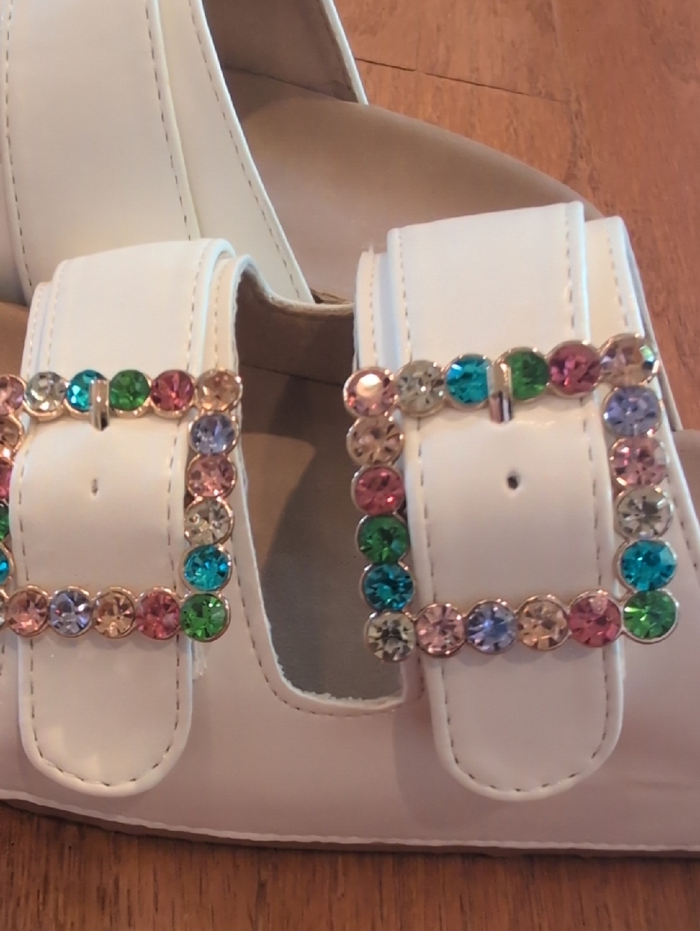 White Gemstone Buckle Slide Sandals